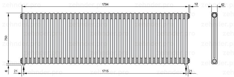 Схема (чертеж) Радиатор Zehnder Charleston 2075/39 №3570 Белый глянцевый RAL 9016